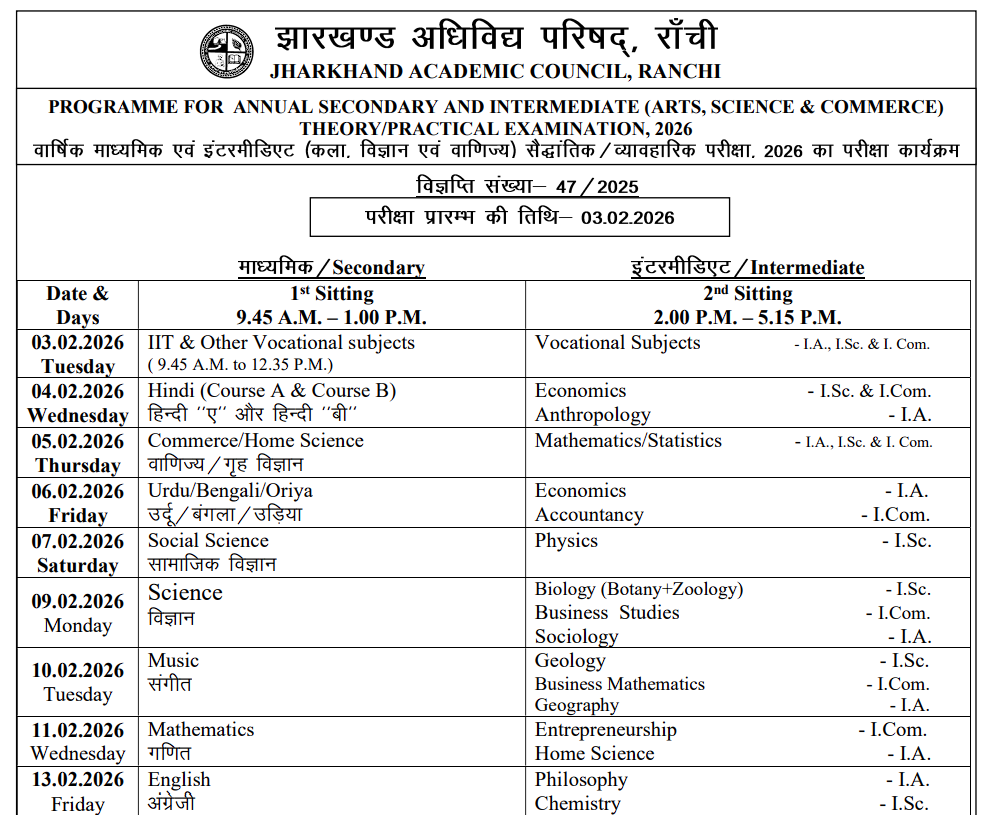 JAC Board Class 10th Datesheet 2026